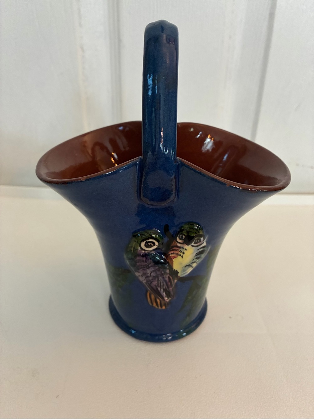 Vintage 1930s Torquay Pottery Blue Basket Vase Double Parrot Love Birds England